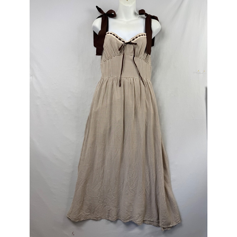 By The River Milkmaid Maxi Dress Womens Medium Gingham Tie Shoulder Cottagecore